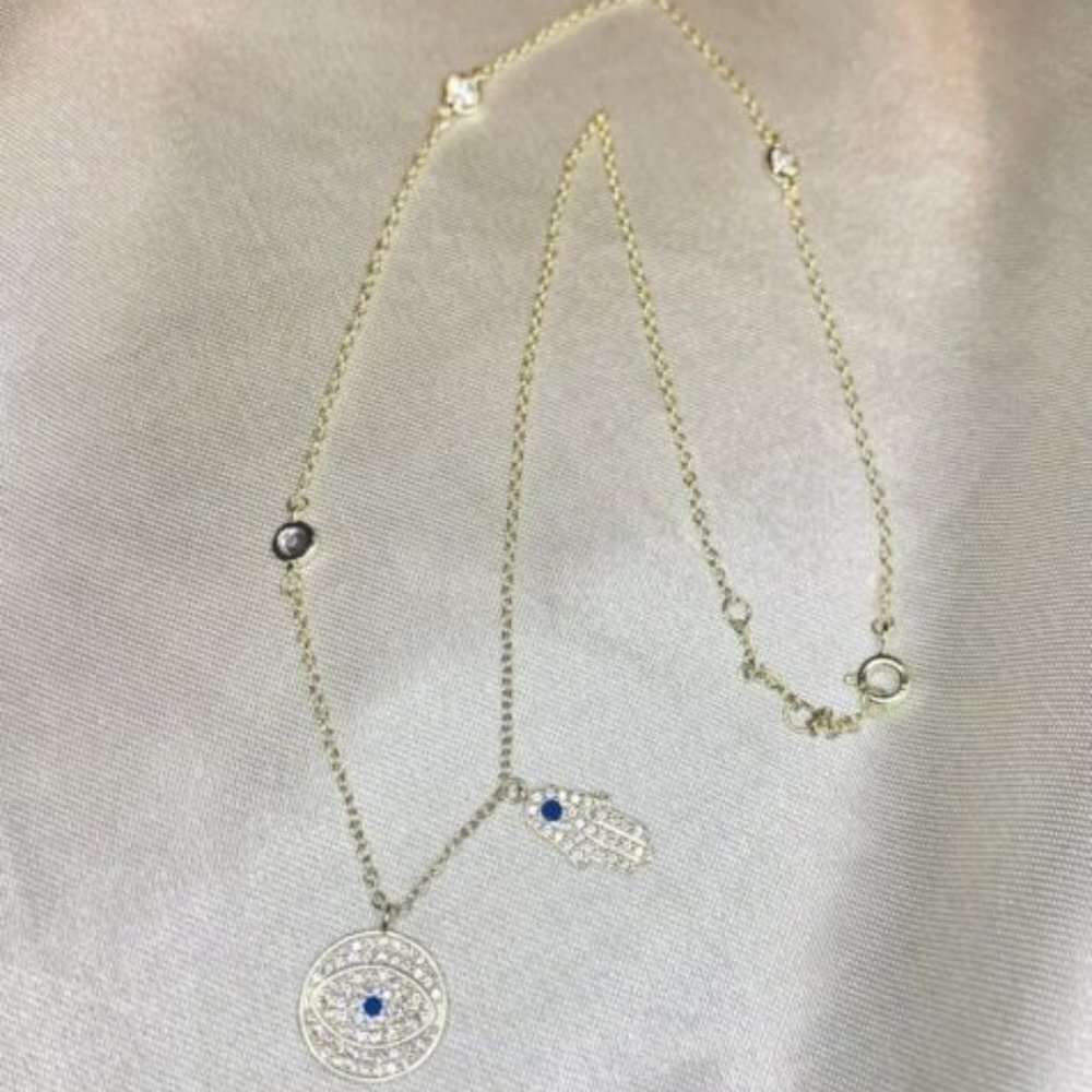 925 Sterling Silver Evil Eye Hamsa Hand Pendant Chain Necklace 18 Inch